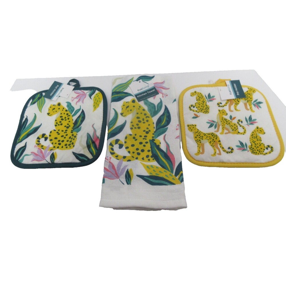 Tropical Kitchen Towels 2Pot Holder 3Pc Set Teal Yellow Jungle Big Cat NWT